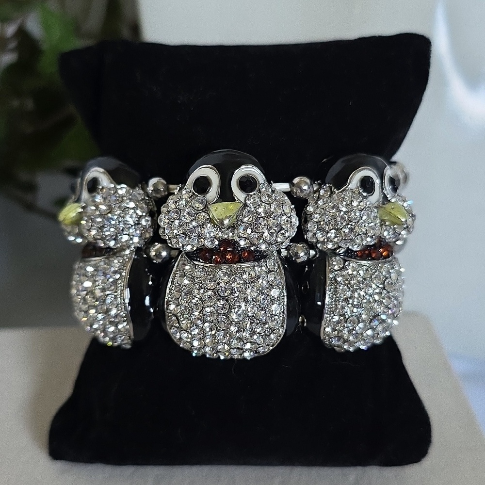 Silver Statement Bracelet Rhinestone Black Enamel Penguins